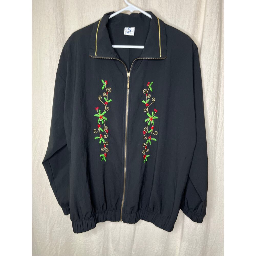 1980s Sport Saavy Christmas Holly Gold Black Granny Aviator Bomber Jacket 3XL